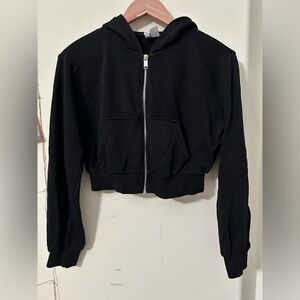 Divided Black Zip Up Cropped Hoodie with Pockets | Size S